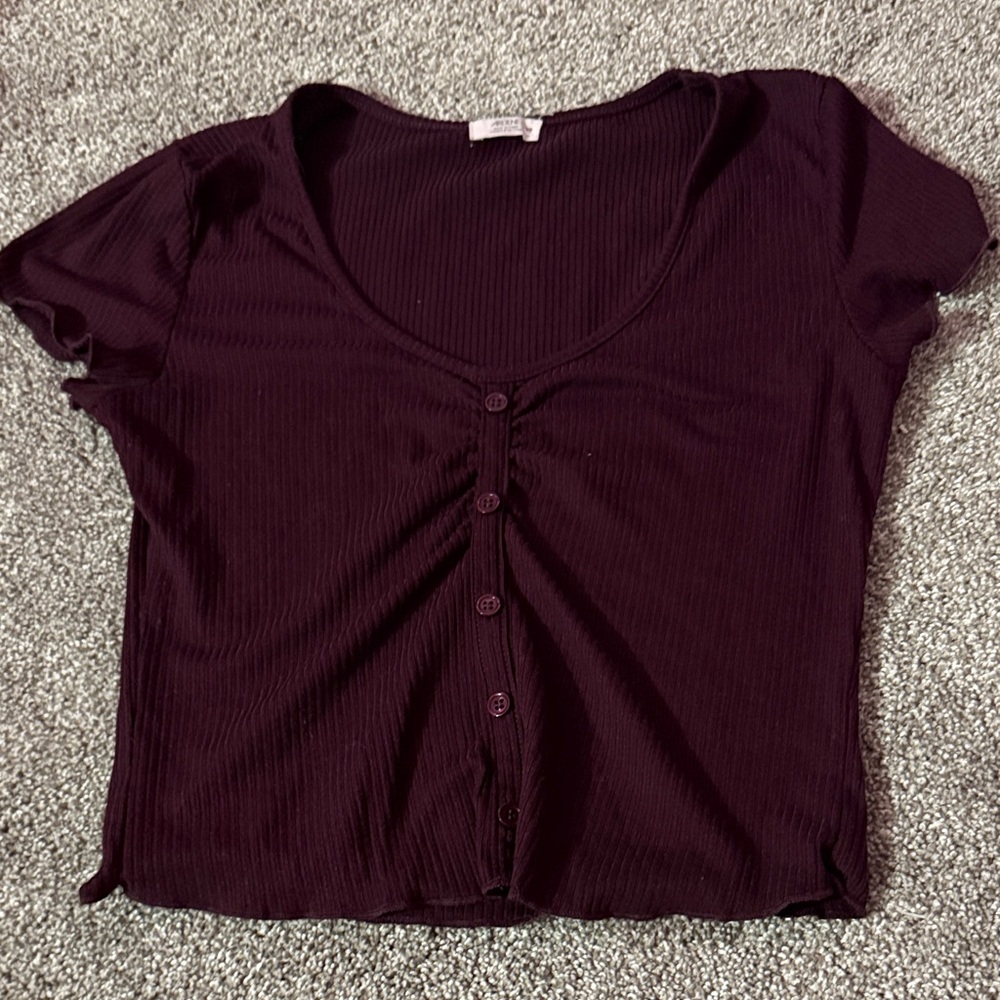 Ribbed Short Sleeve Button-Front Top